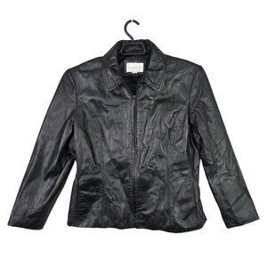Womens Worthington Black Leather Jacket Full Zip Front & Tailored Fit Size M